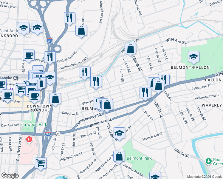 map of restaurants, bars, coffee shops, grocery stores, and more near 926 Tazewell Avenue Southeast in Roanoke