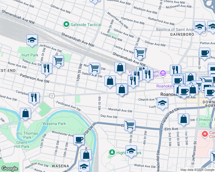 map of restaurants, bars, coffee shops, grocery stores, and more near 708 Salem Avenue Southwest in Roanoke
