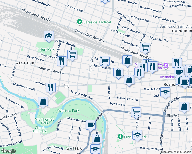 map of restaurants, bars, coffee shops, grocery stores, and more near 901 Patterson Avenue Southwest in Roanoke