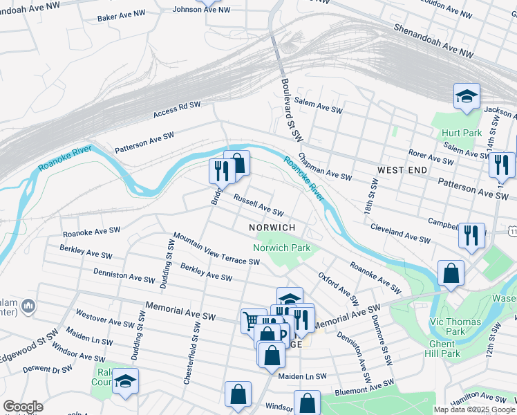 map of restaurants, bars, coffee shops, grocery stores, and more near 2210 Russell Avenue Southwest in Roanoke