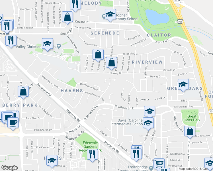 map of restaurants, bars, coffee shops, grocery stores, and more near 157 Knightshaven Way in San Jose