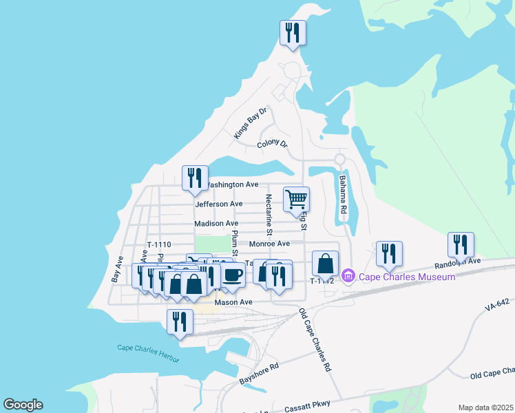 map of restaurants, bars, coffee shops, grocery stores, and more near 532 T-1103 in Cape Charles