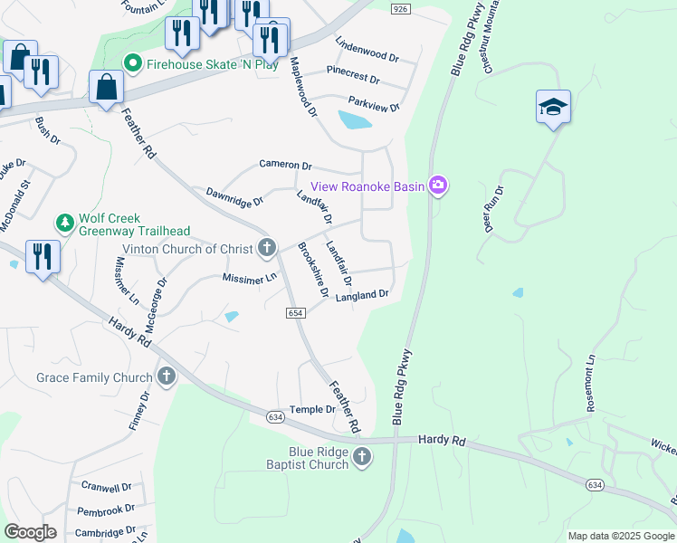 map of restaurants, bars, coffee shops, grocery stores, and more near 810 Landfair Drive in Vinton