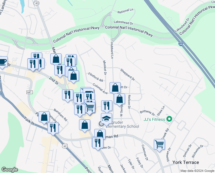 map of restaurants, bars, coffee shops, grocery stores, and more near 404 Musket Drive in Williamsburg