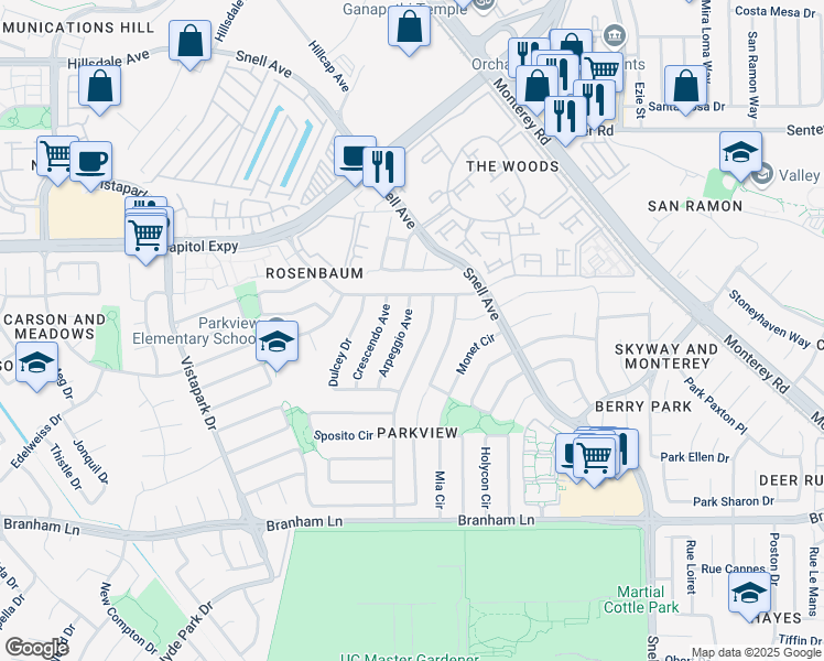 map of restaurants, bars, coffee shops, grocery stores, and more near 4188 Arpeggio Avenue in San Jose