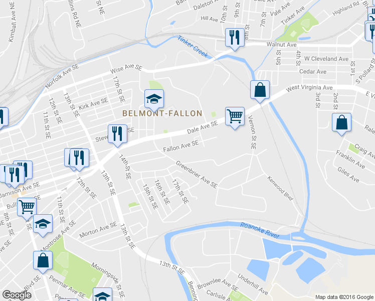 map of restaurants, bars, coffee shops, grocery stores, and more near 2025 Fallon Avenue Southeast in Roanoke