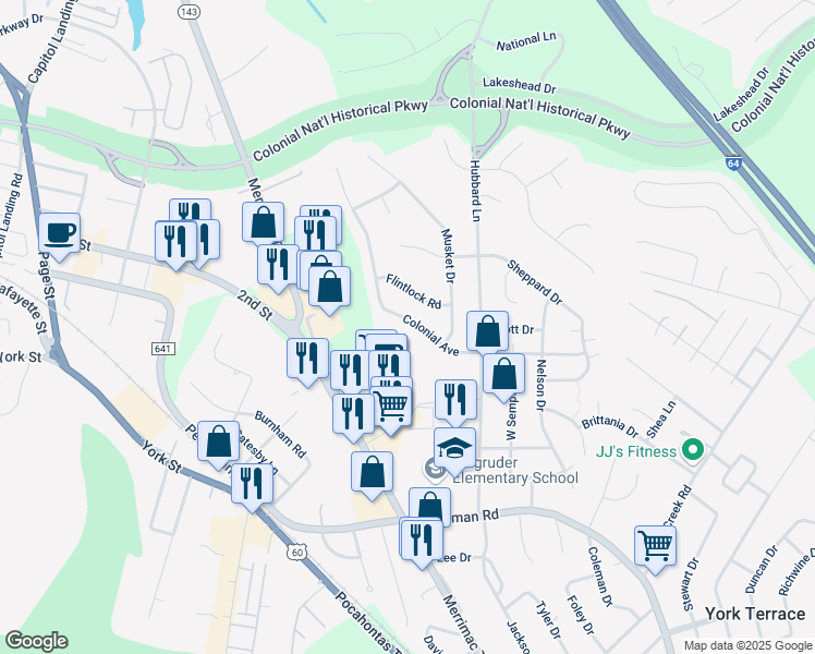 map of restaurants, bars, coffee shops, grocery stores, and more near 709 Colonial Avenue in Williamsburg