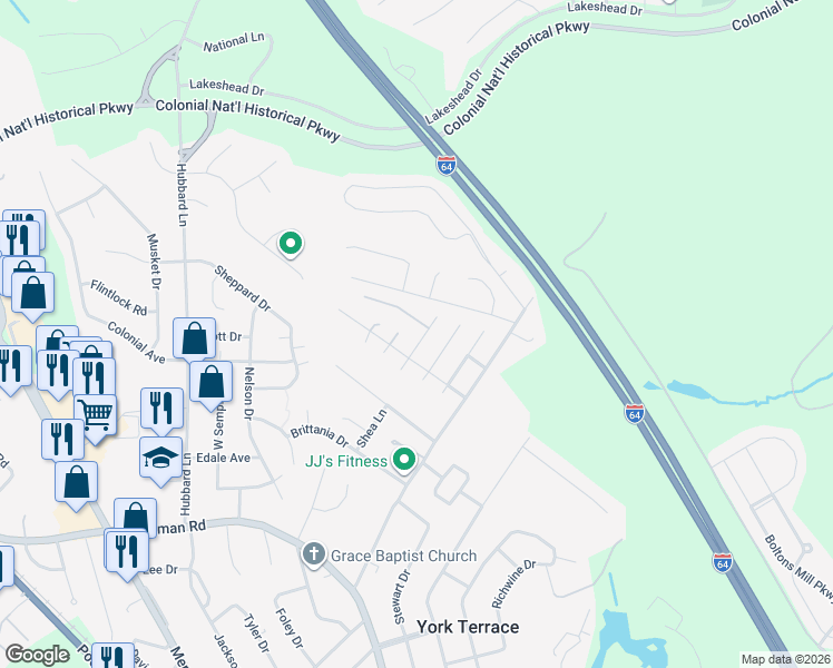 map of restaurants, bars, coffee shops, grocery stores, and more near 109 Burgundy Road in Williamsburg