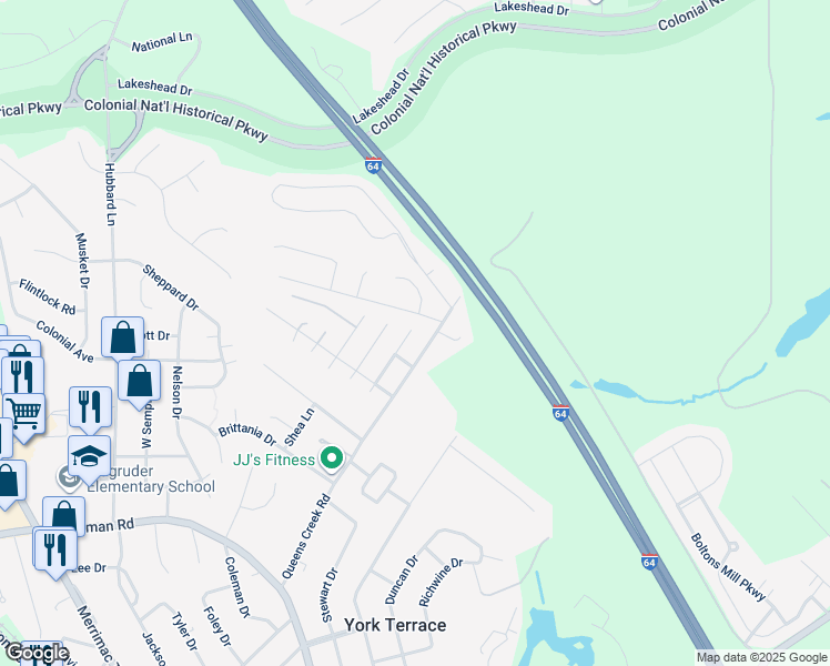 map of restaurants, bars, coffee shops, grocery stores, and more near 212 Cabernet Road in Williamsburg