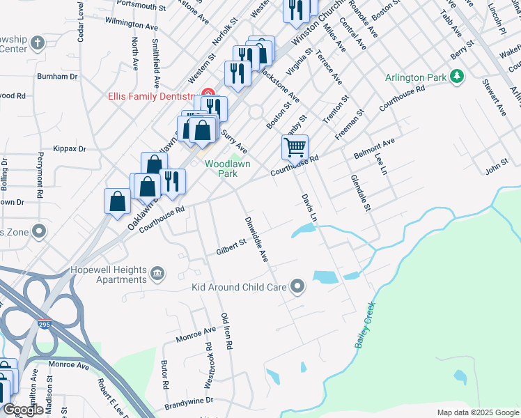map of restaurants, bars, coffee shops, grocery stores, and more near 1402 Surry Avenue in Hopewell