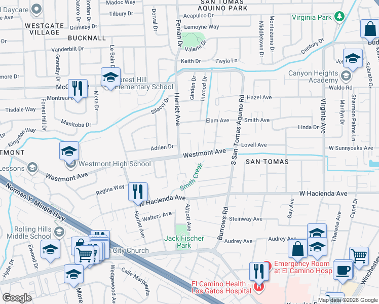map of restaurants, bars, coffee shops, grocery stores, and more near 1445 Westmont Avenue in Campbell