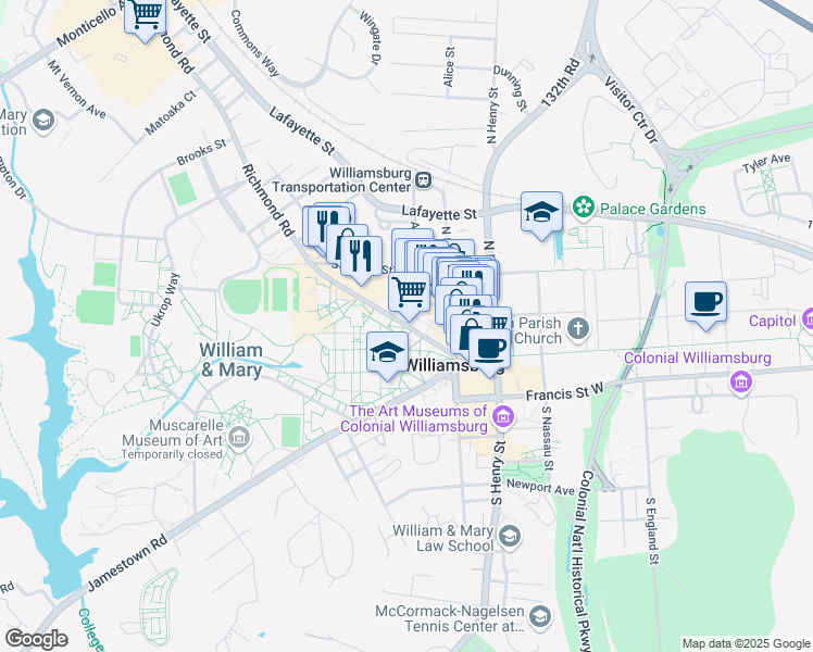 map of restaurants, bars, coffee shops, grocery stores, and more near in Williamsburg