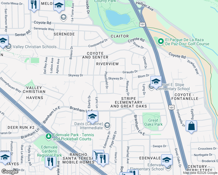 map of restaurants, bars, coffee shops, grocery stores, and more near 4830 Plainfield Dr in San Jose