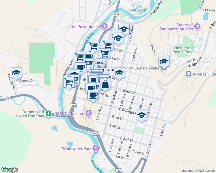 map of restaurants, bars, coffee shops, grocery stores, and more near in Durango