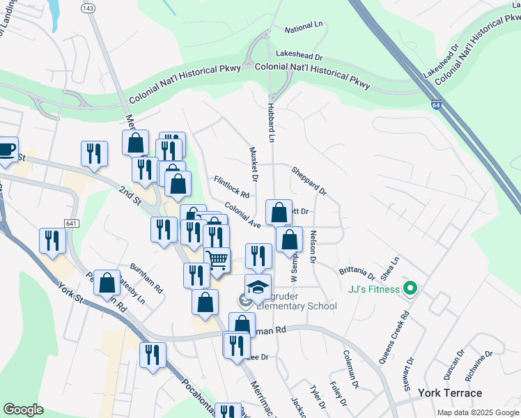map of restaurants, bars, coffee shops, grocery stores, and more near 404 Musket Drive in Williamsburg