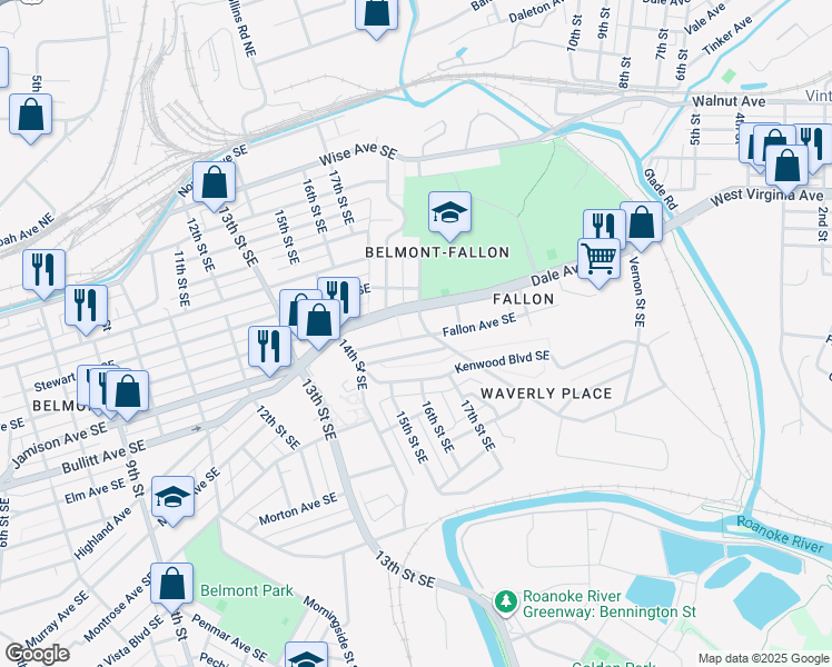 map of restaurants, bars, coffee shops, grocery stores, and more near 709 19th St SE in Roanoke