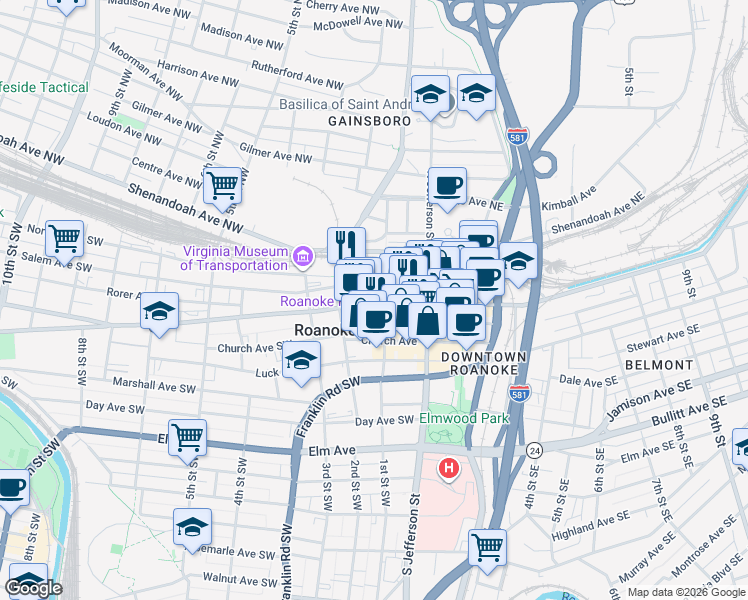 map of restaurants, bars, coffee shops, grocery stores, and more near 109 Campbell Avenue Southwest in Roanoke