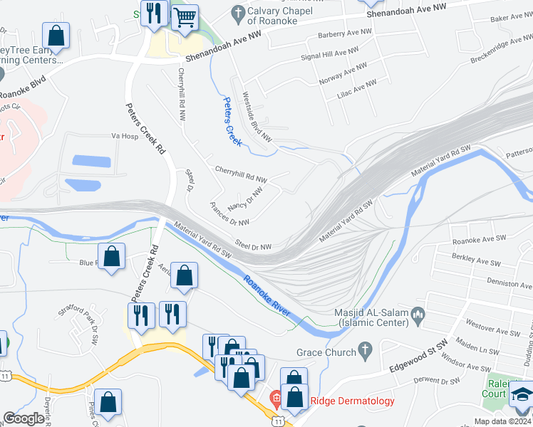 map of restaurants, bars, coffee shops, grocery stores, and more near 32 Frances Drive Northwest in Roanoke