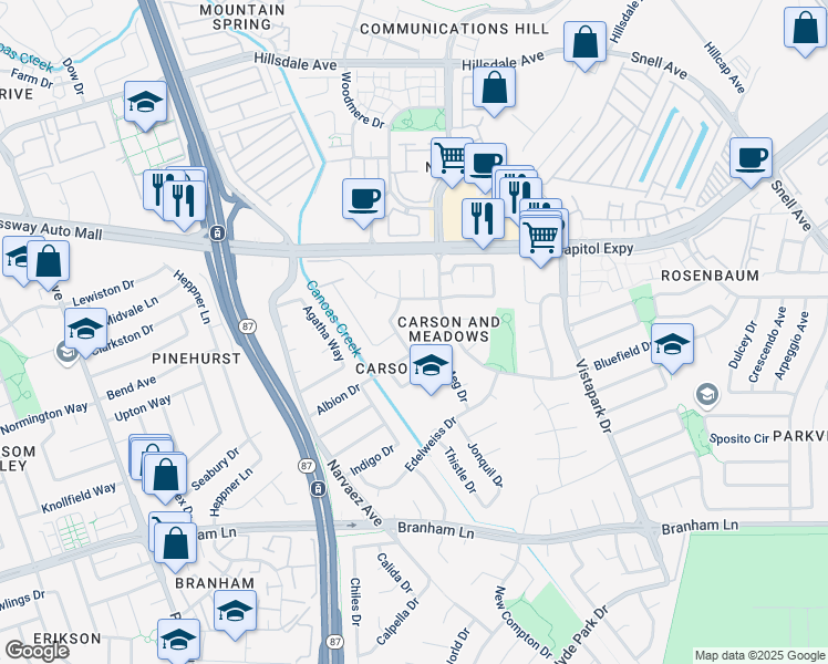 map of restaurants, bars, coffee shops, grocery stores, and more near 607 Albion Court in San Jose