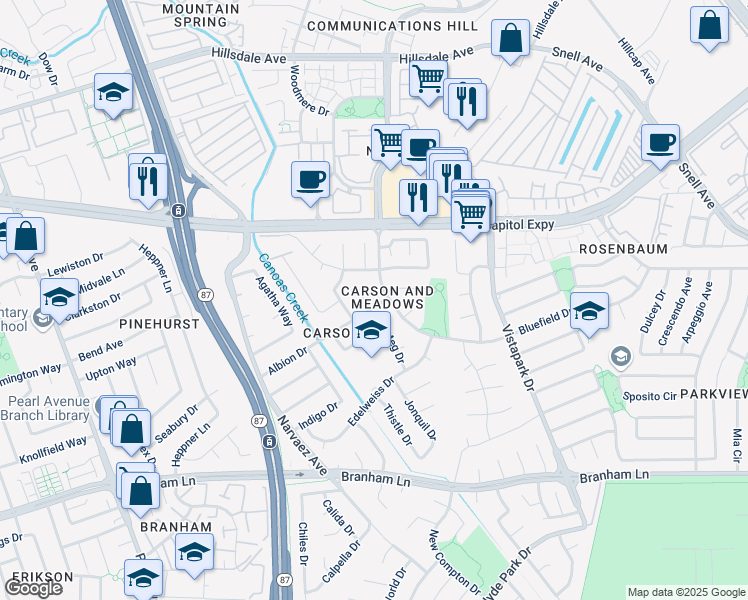 map of restaurants, bars, coffee shops, grocery stores, and more near 575 Albion Court in San Jose