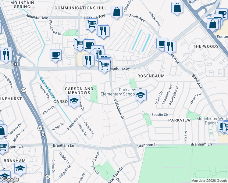 map of restaurants, bars, coffee shops, grocery stores, and more near 302 Viewpark Circle in San Jose