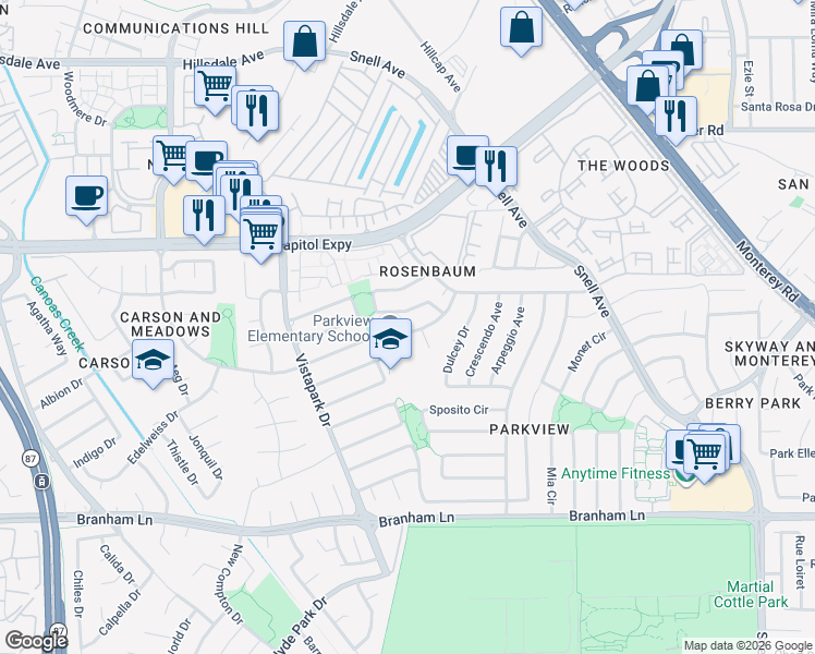 map of restaurants, bars, coffee shops, grocery stores, and more near 309 Bluefield Drive in San Jose