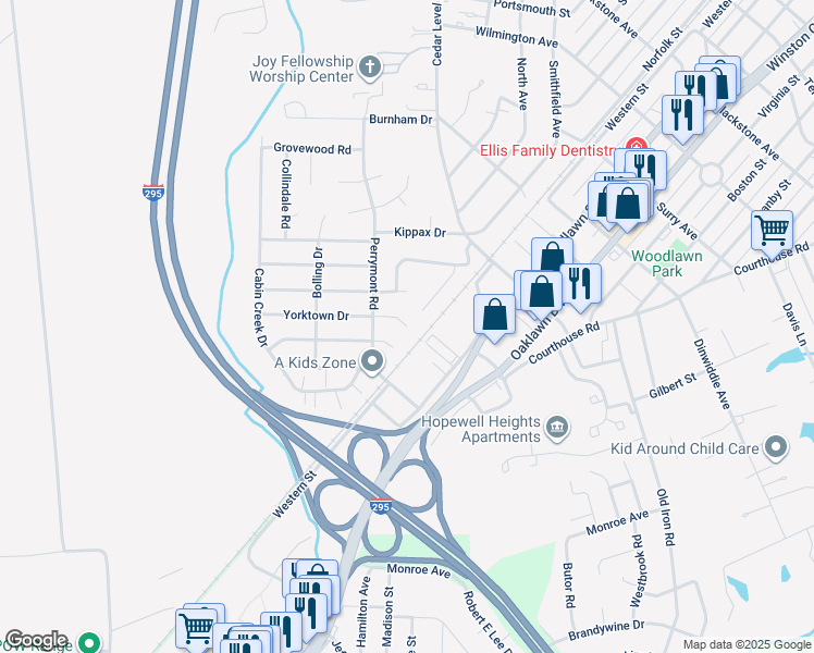 map of restaurants, bars, coffee shops, grocery stores, and more near 3805 Yorktown Drive in Hopewell