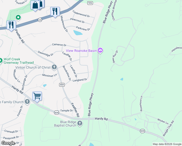map of restaurants, bars, coffee shops, grocery stores, and more near 398 Langland Dr in Vinton