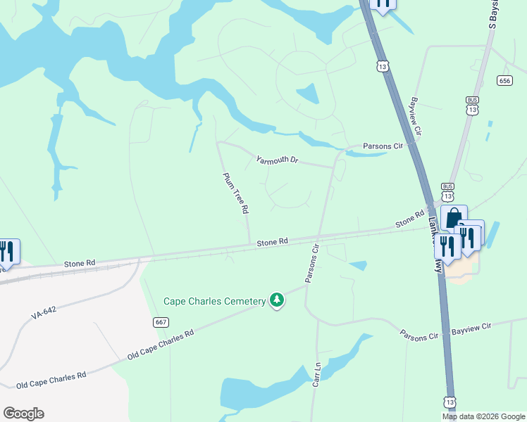map of restaurants, bars, coffee shops, grocery stores, and more near 22373 Rogue Road in Cape Charles