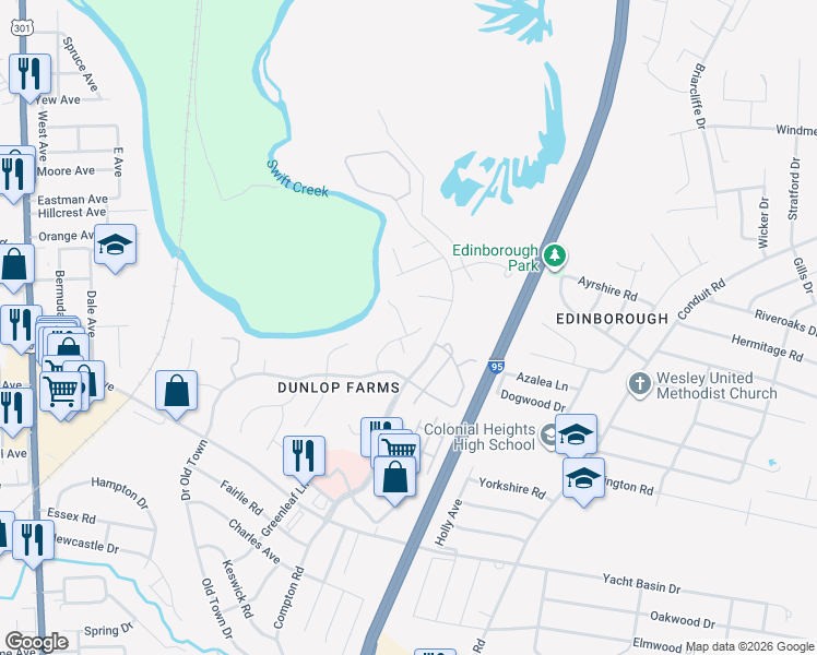 map of restaurants, bars, coffee shops, grocery stores, and more near 354 Shade Tree Drive in Colonial Heights