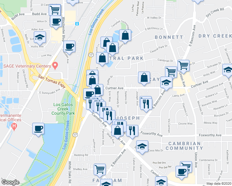 map of restaurants, bars, coffee shops, grocery stores, and more near 1031 Normandy Drive in Campbell