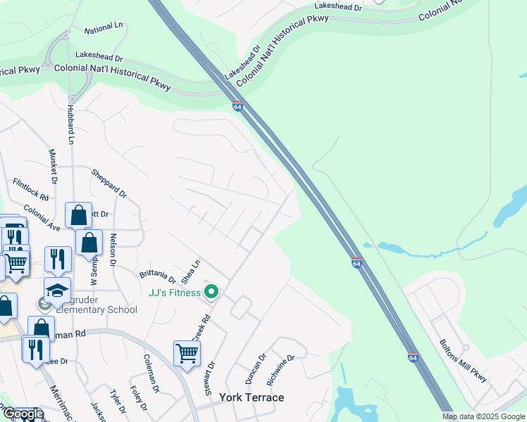 map of restaurants, bars, coffee shops, grocery stores, and more near 212 Cabernet Road in Williamsburg