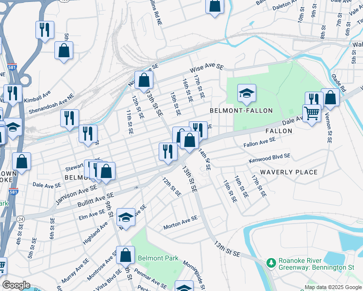 map of restaurants, bars, coffee shops, grocery stores, and more near 1308 Dale Avenue Southeast in Roanoke