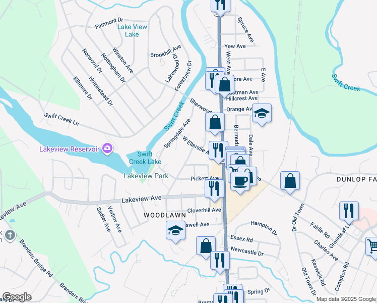 map of restaurants, bars, coffee shops, grocery stores, and more near 3126 Woodlawn Avenue in Colonial Heights