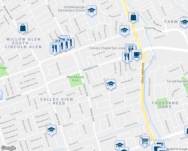 map of restaurants, bars, coffee shops, grocery stores, and more near 3240 Woodcrest Drive in San Jose