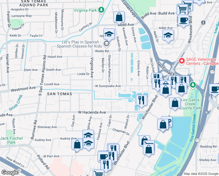 map of restaurants, bars, coffee shops, grocery stores, and more near 698 West Sunnyoaks Avenue in Campbell