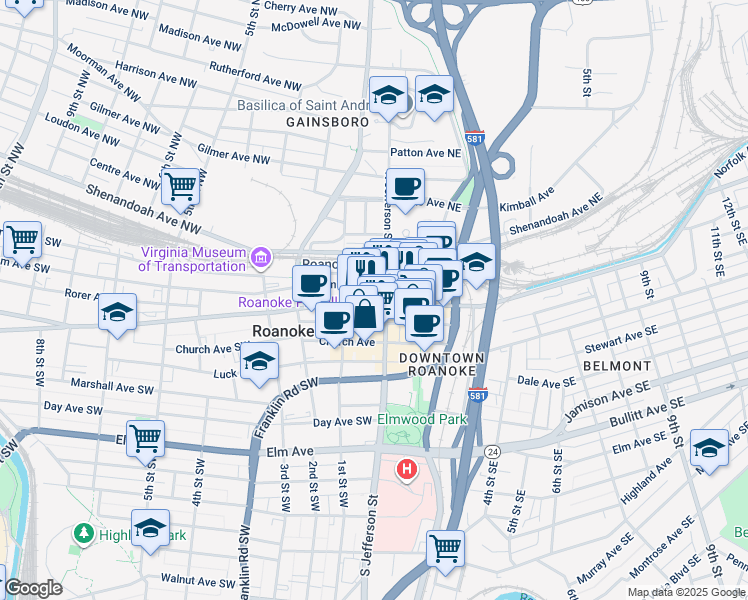 map of restaurants, bars, coffee shops, grocery stores, and more near 29 Campbell Avenue Southwest in Roanoke