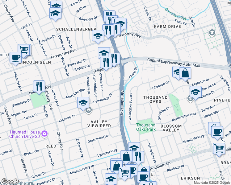 map of restaurants, bars, coffee shops, grocery stores, and more near 1118 Pembridge Drive in San Jose