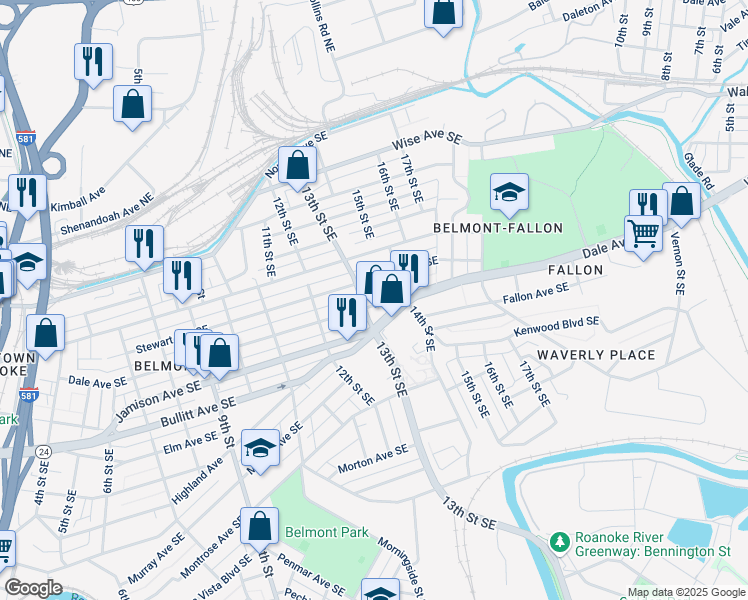 map of restaurants, bars, coffee shops, grocery stores, and more near 1308 Dale Avenue Southeast in Roanoke