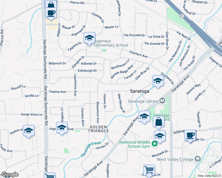 map of restaurants, bars, coffee shops, grocery stores, and more near 19980 Braemar Drive in Saratoga