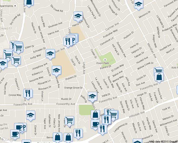 map of restaurants, bars, coffee shops, grocery stores, and more near 1843 Potrero Dr in San Jose
