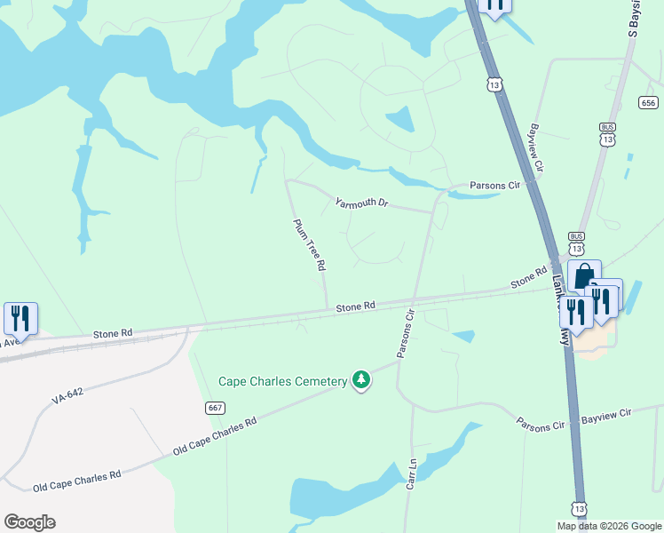 map of restaurants, bars, coffee shops, grocery stores, and more near 22373 Rogue Road in Cape Charles