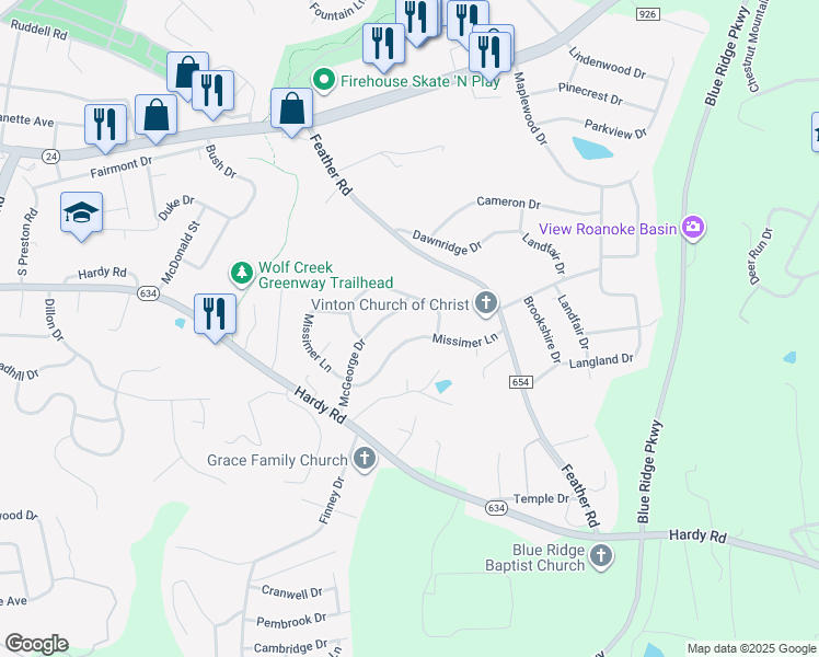 map of restaurants, bars, coffee shops, grocery stores, and more near 324 Missimer Ln in Vinton