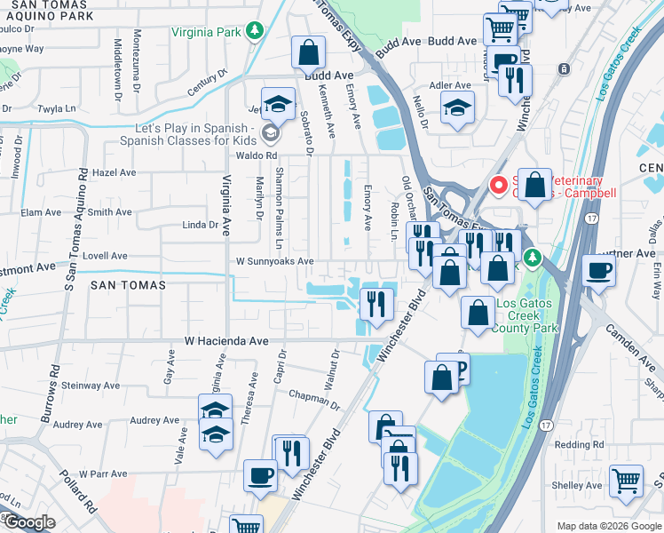 map of restaurants, bars, coffee shops, grocery stores, and more near 502 West Sunnyoaks Avenue in Campbell