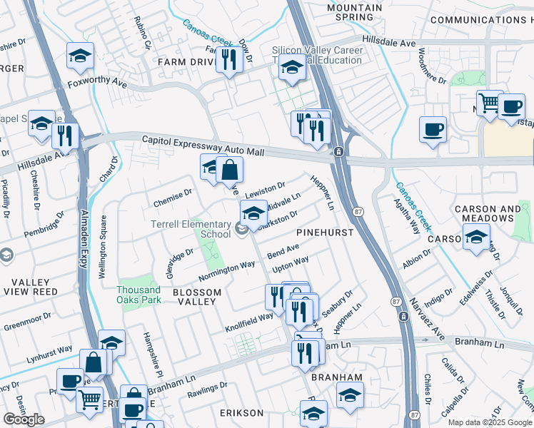 map of restaurants, bars, coffee shops, grocery stores, and more near 866 Midvale Lane in San Jose