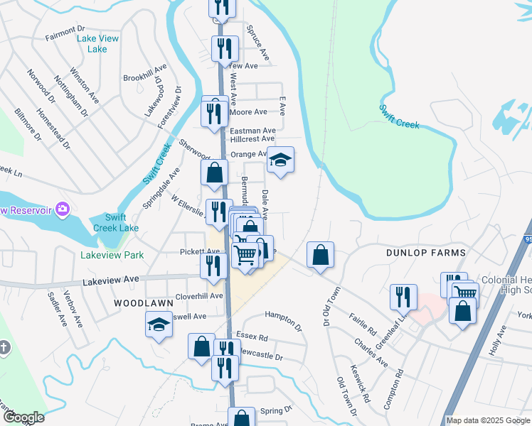 map of restaurants, bars, coffee shops, grocery stores, and more near 3201 Dale Avenue in Colonial Heights