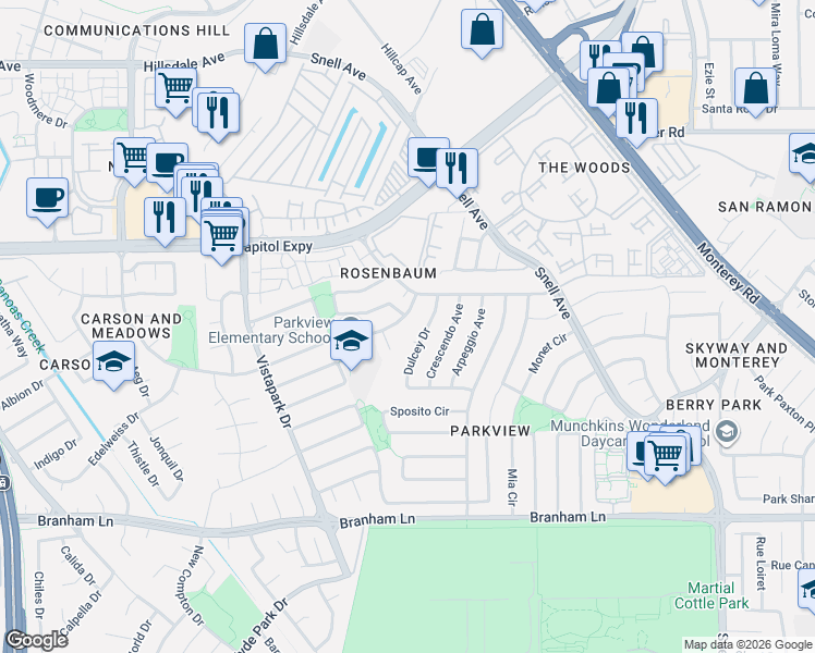 map of restaurants, bars, coffee shops, grocery stores, and more near 282 Bluefield Drive in San Jose