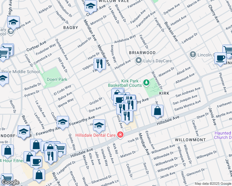 map of restaurants, bars, coffee shops, grocery stores, and more near 2881 Meridian Avenue in San Jose