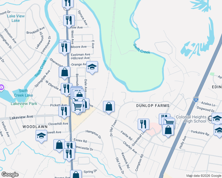map of restaurants, bars, coffee shops, grocery stores, and more near 3260 Jersey Court in Colonial Heights