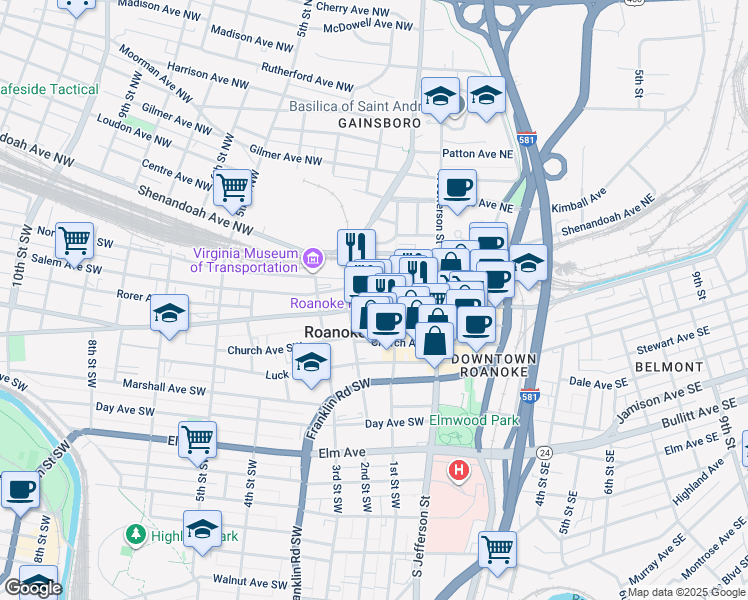 map of restaurants, bars, coffee shops, grocery stores, and more near 145 Campbell Avenue Southwest in Roanoke